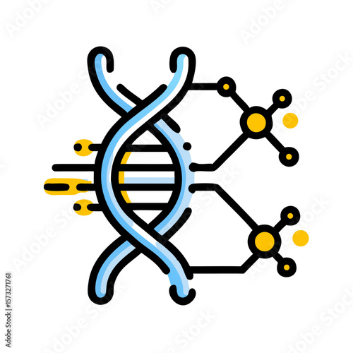 Illustration of a dna strand connected to molecules representing biotechnology concept design
