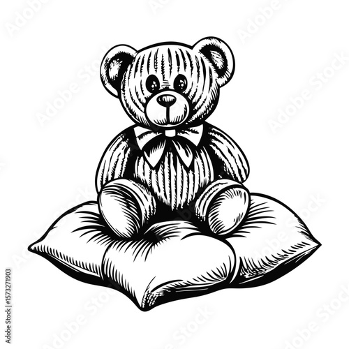 Teddy bear on pillow, monochrome drawing of a stuffed animal sitting. Teddy bear on pillow, a simple yet comforting subject, brings warmth and nostalgia to mind.