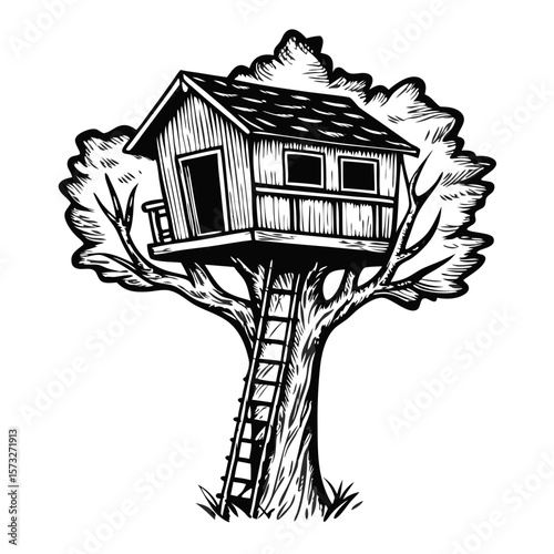 Depiction of a treehouse sketch with detailed shading and realistic wood grain. Treehouse sketch shows a rustic, hand-drawn style for a whimsical children's illustration with wooden ladder, platform.