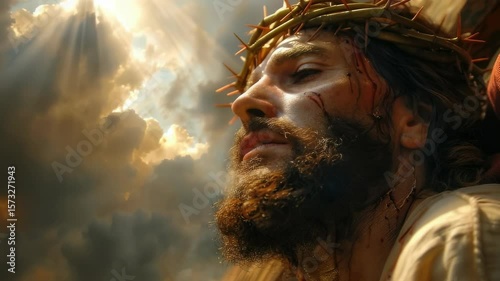 Jesus Christ's sacrifice: Golgotha path, divine gaze, final prayer, spiritual devotion, heavenly connection, religious significance, holy journey, sacred story, theological meaning, faith portrayal.