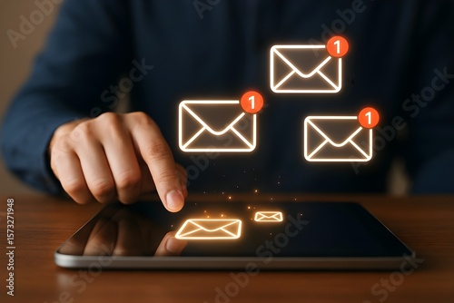 A person's hand interacts with glowing email icons on a tablet screen, suggesting digital communication and notifications.