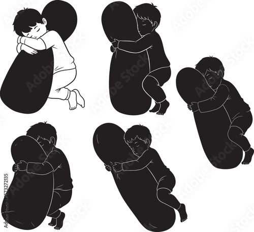 Boy Sleeping Hugging Bolster Cartoon Character silhouette