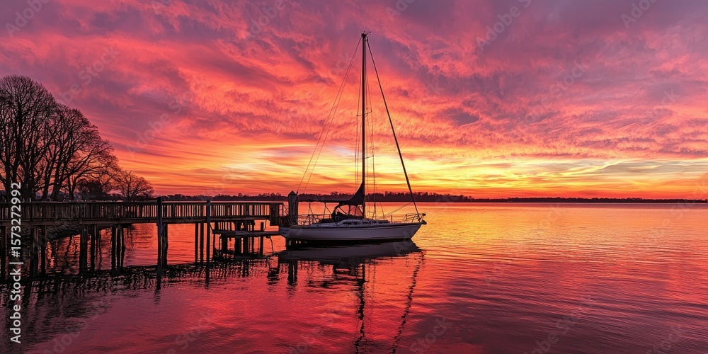Sailboat parked near a pier, sky ablaze in pink and orange Sailboat parked near a pier, sky ablaze in pink and orange