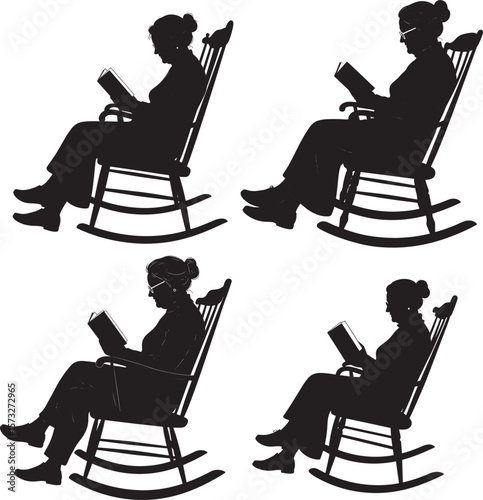 Old Woman Reading Book In Rocking Chair silhouette