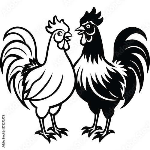 Dramatic Confrontation Two Roosters Face Off in a Powerful Pose