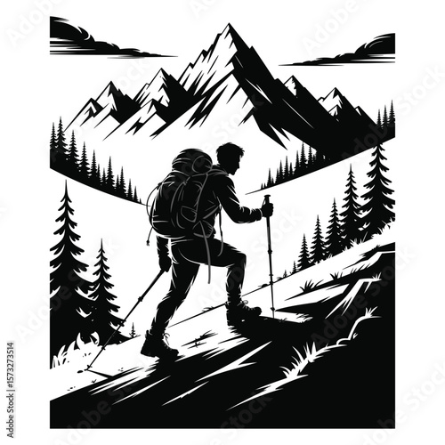 Man hiking uphill with backpack and poles against mountain range silhouette