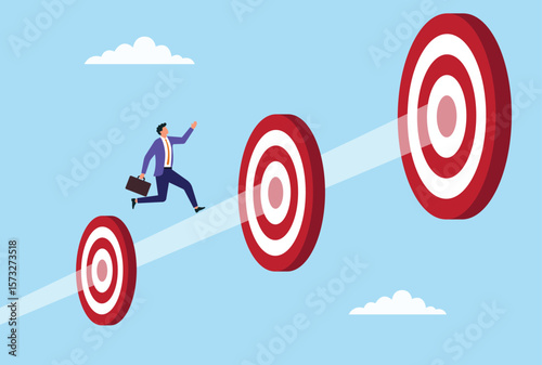 Vector illustration of a businessman running toward short term, mid term, and long term targets, symbolizing goal oriented strategy, business growth, and future planning
