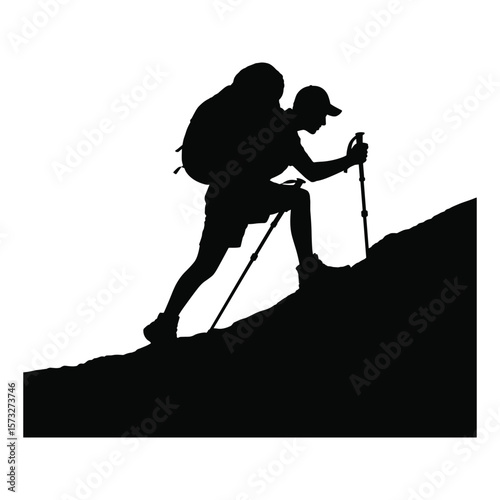 Man with backpack and poles climbing steep mountain slope silhouette
