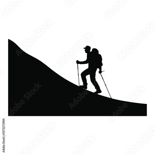 Man hiking uphill with trekking poles and backpack silhouette