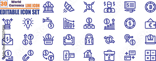 Currency symbols icon set outline style financial and monetary icons for business and trade: dollar, euro, pound, yen, bitcoin, rupee, exchange, cash
