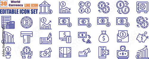 Currency symbols icon set outline style financial and monetary icons for business and trade: dollar, euro, pound, yen, bitcoin, rupee, exchange, cash
