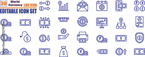 Currency symbols icon set outline style financial and monetary icons for business and trade: dollar, euro, pound, yen, bitcoin, rupee, exchange, cash