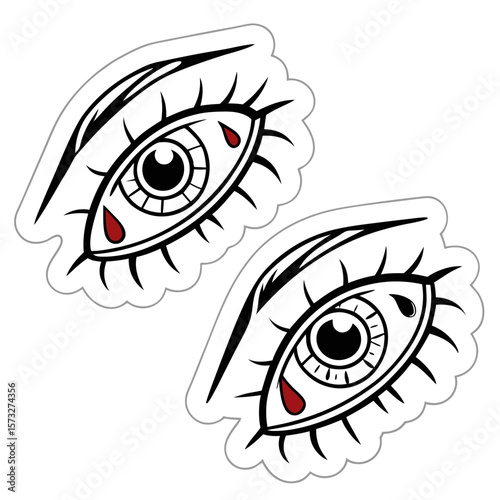 A pair of stylized traditional tattoo style eyes with black outlines and red teardrops falling from the corners set against a clean white background