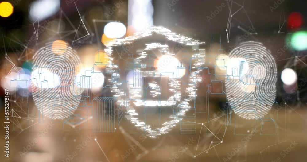 Node lines causing data points spinning into sphere forming shield lock with fingerprints to secure