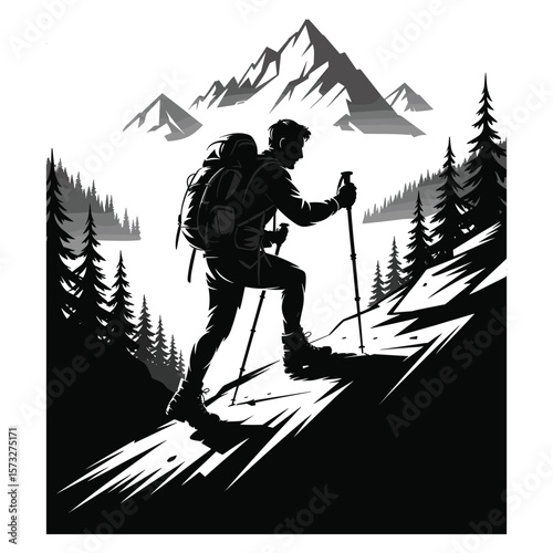 Man hiking uphill with backpack and poles in mountain landscape silhouette