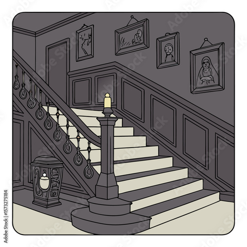 Illustration of a dimly lit staircase with portraits and a candle in a spooky looking house scene