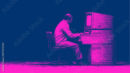 Scientist working at a vintage computer in pixel art style. Retro technology and office equipment in blue and pink halftone vector illustration.