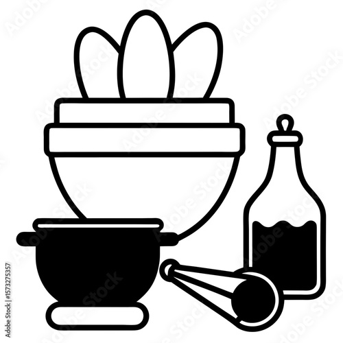 Kitchen counter with mixing bowls, flour jar, eggs, rolling pin, and measuring spoons. Warm, rustic, and wholesome.
