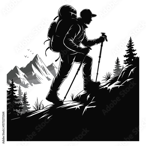 Man with backpack hiking uphill using trekking poles silhouette
