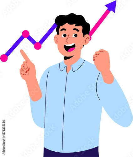 Man celebrating success while pointing at upward trend graph  