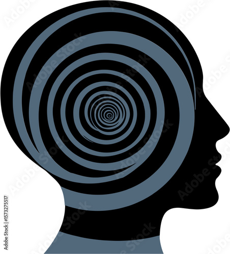 Abstract head silhouette with spiral pattern inside representing thoughts  