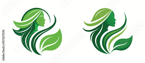 Two Feminine Icons Featuring Green Leaves and Hair