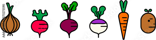 Colorful vegetable icons including onion, carrot, and radish  