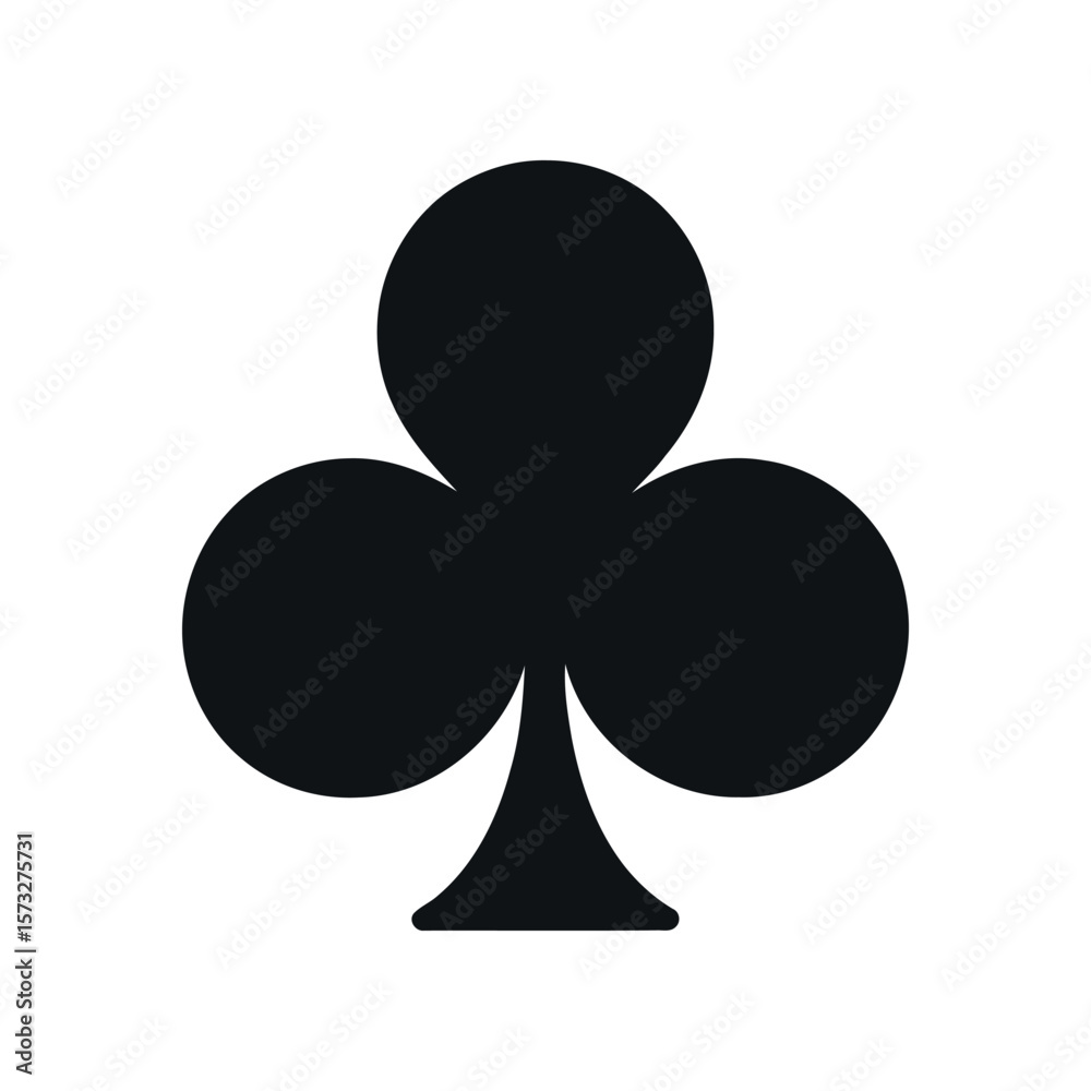 A stark black silhouette of a club playing card symbol stands out against a clean white background representing a suit in a deck A stark black silhouette of a club playing card symbol stands out against a clean white background representing a suit in a deck