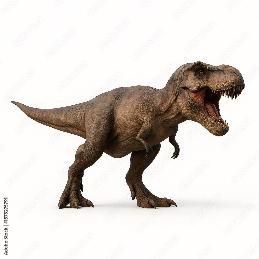 Fototapeta premium Tyrannosaurus rex roaring showing teeth and claws on white background
