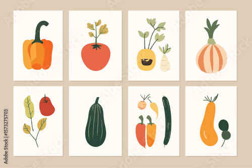 Eight vegetable still life displays offer vibrant colors and diverse botanical styles on separate white frames