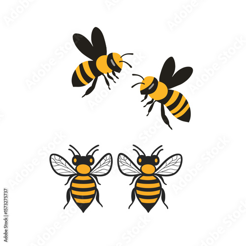 Two cartoon honeybees fly above two static bees on a transparent background