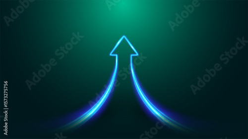 Blue glowing arrow up. Neon lines combining upward, symbol of growth, synergy, success. Futuristic tech concept on dark gradient background.