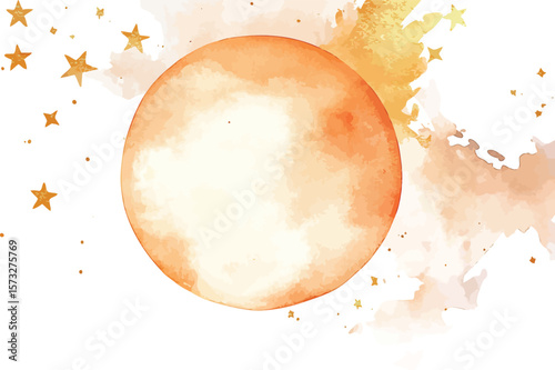 Watercolor orange planet with golden stars creates a beautiful celestial design, transparent background