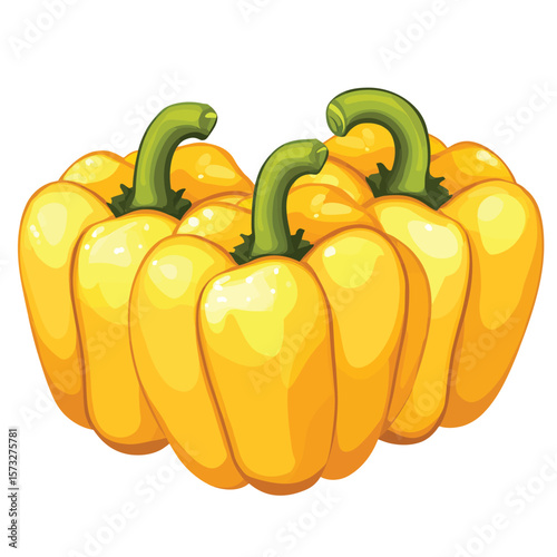 A collection of yellow bell peppers with green stems is arranged closely together on a white background