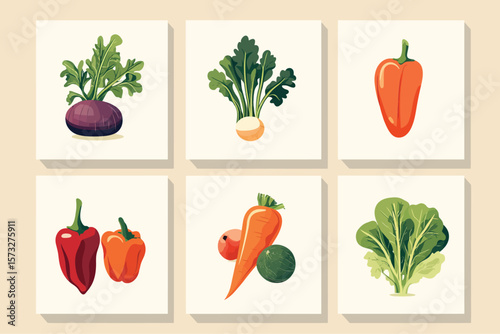 Six square canvases each feature a different vegetable in bright, bold style