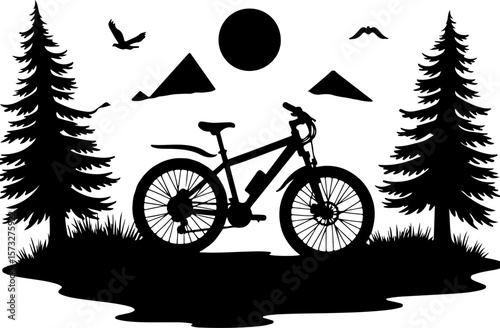 Mountain Tree Bike Silhouette with Scenic Landscape" vector graphics