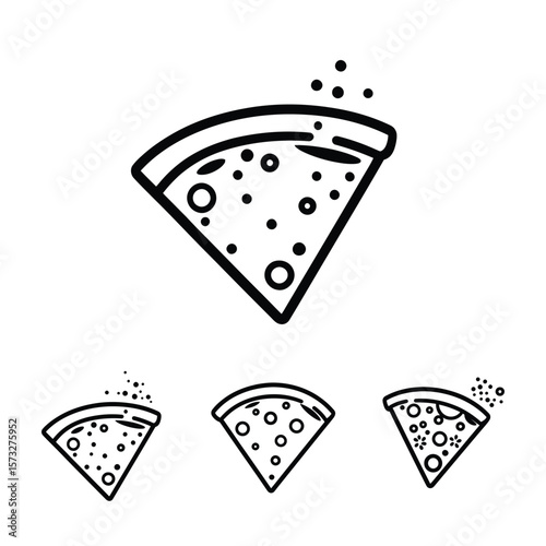 Four triangle pizza slices show unique toppings with simple black line work; transparent background