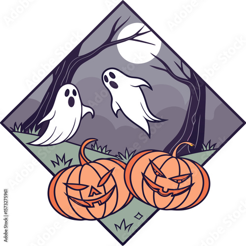 Illustration of two ghosts flying above two pumpkins in front of a moonlit forest scene design