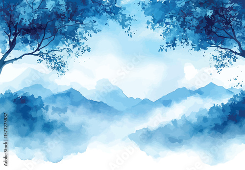 Watercolor misty blue mountain landscape view framed by tree branches creates tranquil ambiance