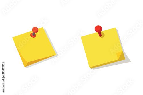 Two yellow sticky notes are pinned with a red tack against a white backdrop