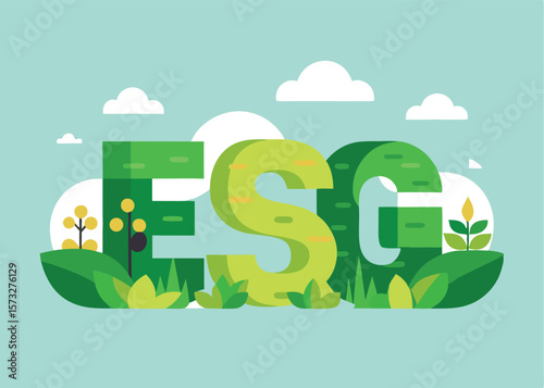 Geometric ESG letters appear amid lush greenery against a light teal sky with clouds
