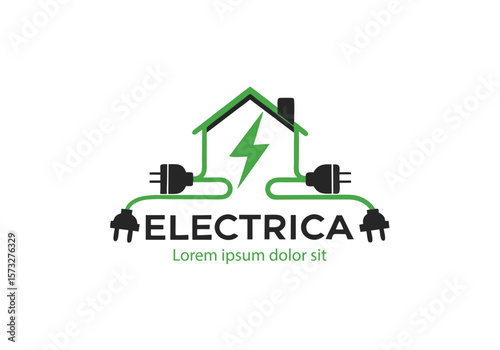 House with lightning and electric plugs connected by green wire forms the word Electrical