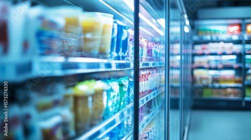 Frozen food section in supermarket aisle with shelves and products for retail commerce and grocery shopping concept