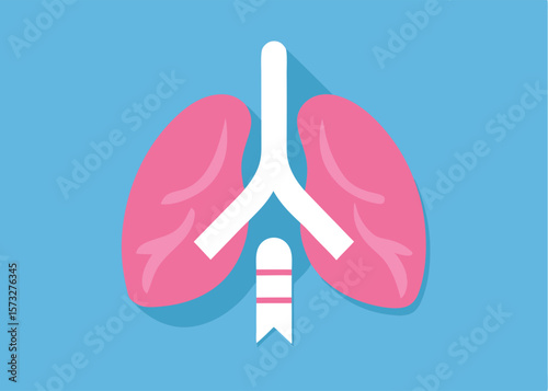 Pink lungs connect to a white trachea against a blue background in this stylized image