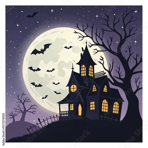Halloween haunted house silhouette with bats under a spooky moonlit night sky vector illustration