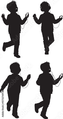 Boy Listening Music With Headphones Cartoon silhouette