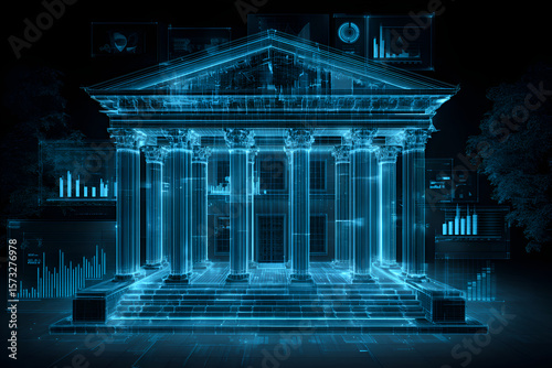 Futuristic financial institution building with digital charts representing economic data analysis