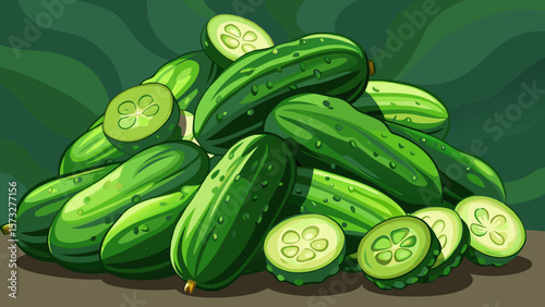  close up A pile of crisp organic cucumbers, dark green and bumpy, lies neatly stacked with sliced rounds nearby, their cool interior vibrant and refreshing in clean, minimalist lighting .White backgr
