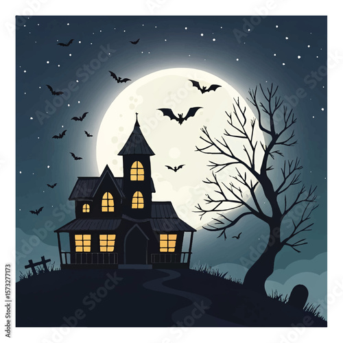 Halloween haunted house silhouette with bats under a spooky moonlit night sky vector illustration