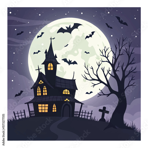 Halloween haunted house silhouette with bats under a spooky moonlit night sky vector illustration